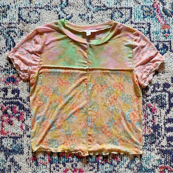 NWOT✨ bp. 🧡 Mesh Patchwork Size Small Short Sleeve Lettuce Edge Top - Picture 2 of 3